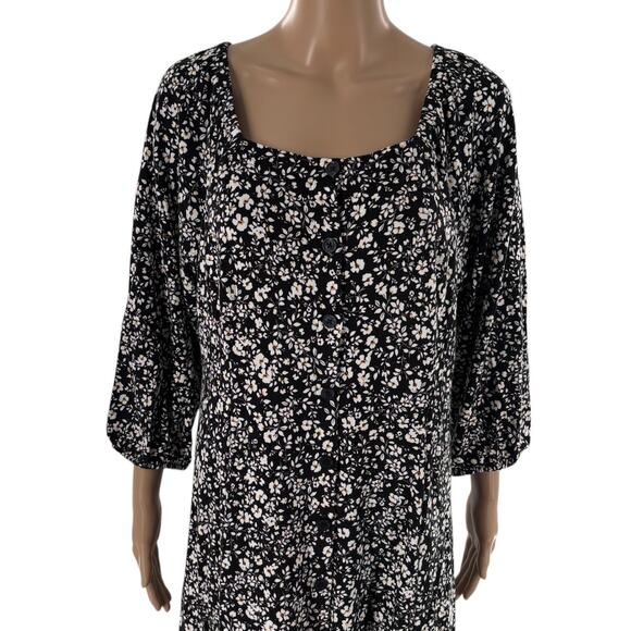 J.Jill White Floral Square Neck Black Button Down Midi Dress - Picture 5 of 12